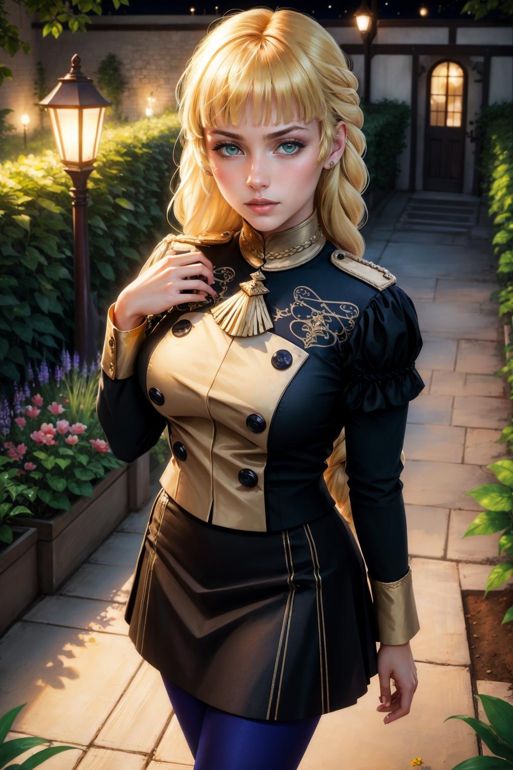 masterpiece, best quality,  <lora:ingrid-nvwls-v2-000009:0.9> defingrid, bangs, braided ponytail, black jacket, black skirt, blue pantyhose, cowboy shot, serious, looking at viewer, from above, night, garden