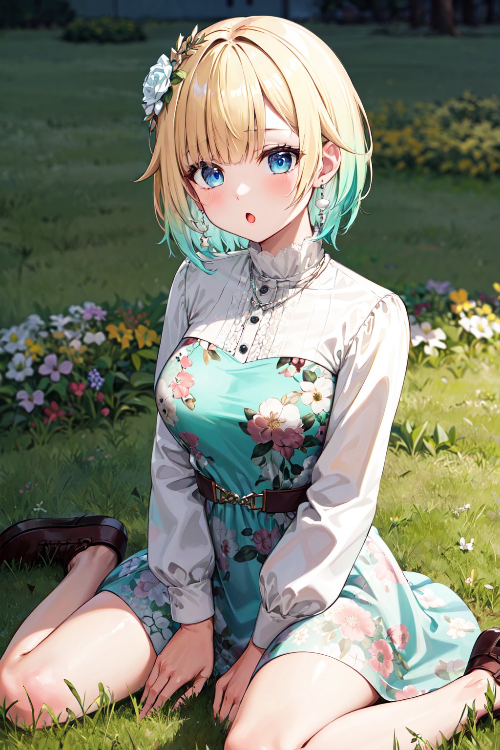 masterpiece, best quality, highres, aaema, short hair, gradient hair, hair flower, earrings, necklace, white shirt, print dress, aqua dressbelt, floral print, long sleeves, <lora:aizawa_ema_v1:0.7>, wariza, field, outdoors, grass, :o