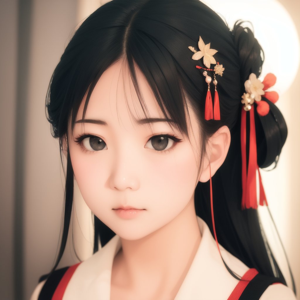 1girl,solo,long hair,black hair,face_focus,hair ornament,closed mouth,depth of field,blurry background,hair stick,hair pulled back,updo,<lora:lbc_nian_2gainian_cs:0.9>,