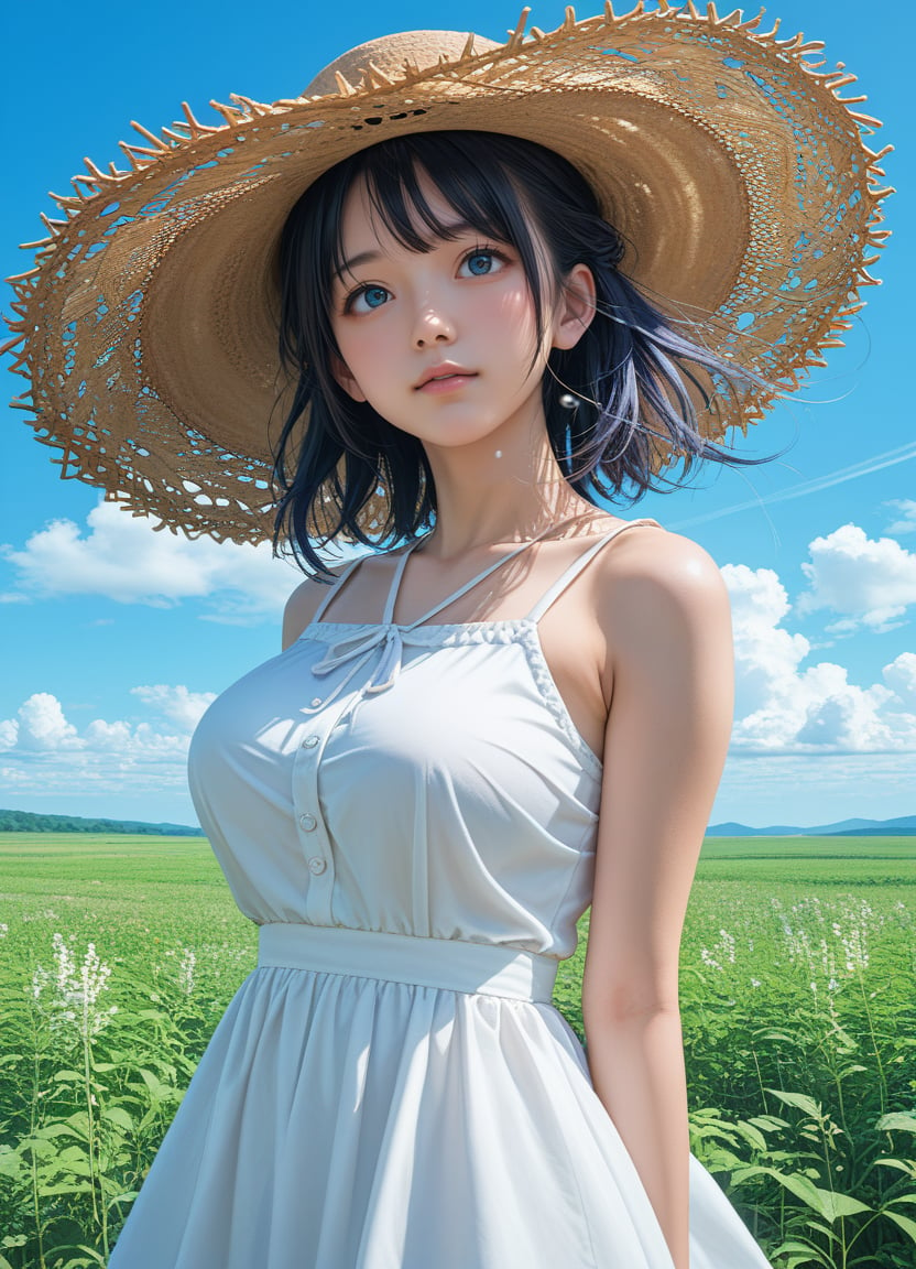 score_9, score_8_up, score_7_up , source_anime ,masterpiece, best quality, perfect anatomy , very aesthetic ,absurdres , BREAK1girl ,Girl looking up at sky , japanese , idol face , cute face ,large breasts, contrail , cumulonimbus cloud, blue sky , prairie , blowing wind , straw hat , white sundress