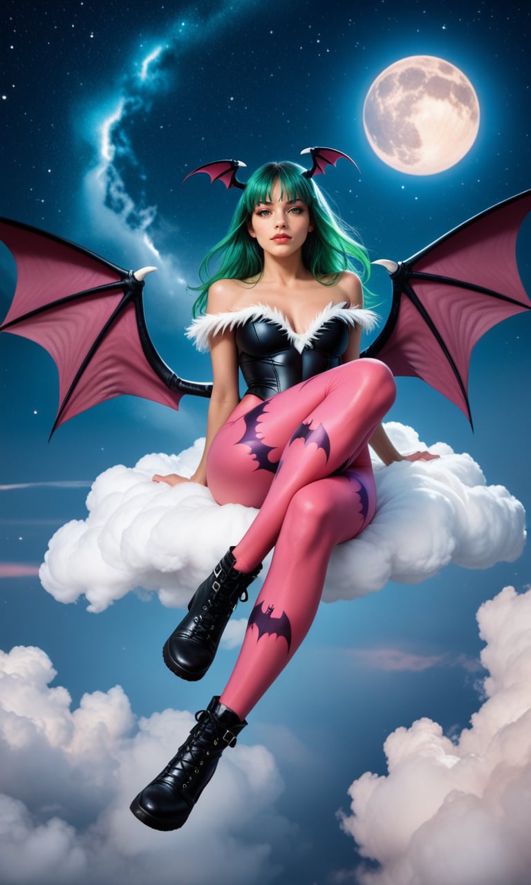 score_9, score_8_up, score_7_up, (Hyperrealistic Photo), Morrigan Aensland, green hair, floating hair, sitting over a cloud, crossed legs, pink tights with bat prints, black boots, starry sky, detailed, (intricate details), (cinematic lights)