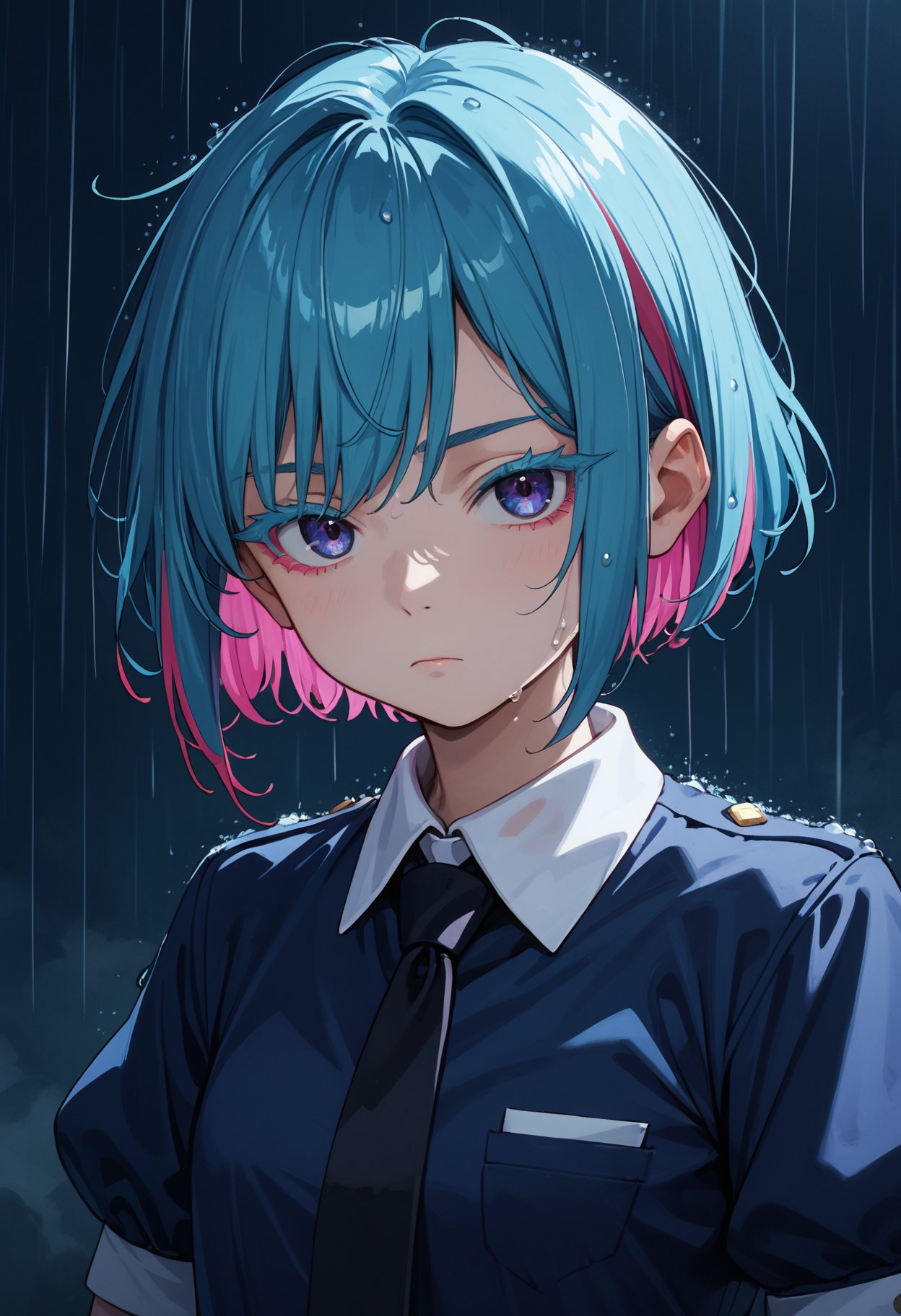 score_9,score_8_up,score_7_up,masterpiece,best quality,8k,dramatic lighting,cold colors,portrait,1girl,hskdmnd,crystal hair,colored eyelashes,multicolored hair,short hair,black shirt,puffy short sleeves,collared shirt,black necktie,white elbow gloves,looking at viewer,expressionless,dark background,rain,