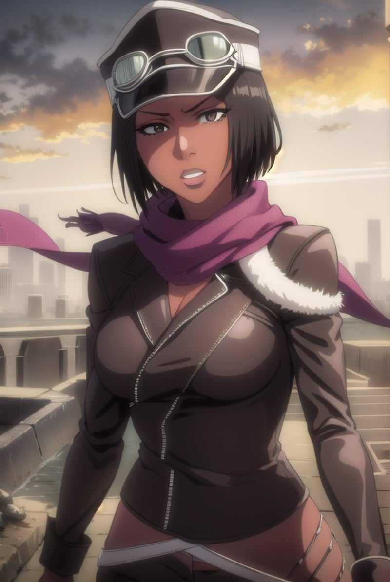 jackietristan, <lyco:jackietristan-lyco-nochekaiser:1>,jackie tristan, short hair, black hair, dark skin, dark-skinned female, (brown eyes:1.5),BREAK thighhighs, gloves, boots, goggles, goggles on head, hat, scarf, white scarf,BREAK looking at viewer, full body,BREAK outdoors,BREAK <lyco:GoodHands-beta2:1>, (masterpiece:1.2), best quality, high resolution, unity 8k wallpaper, (illustration:0.8), (beautiful detailed eyes:1.6), extremely detailed face, perfect lighting, extremely detailed CG, (perfect hands, perfect anatomy),