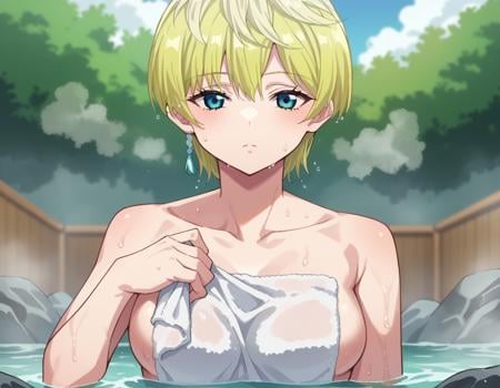 score_9, score_8_up, score_7_up, source_anime,tenkaizumo, <lora:tenka-izumo-s1-ponyxl-lora-nochekaiser:1>tenka izumo, short hair, blue eyes, blonde hair,nude, naked, outdoors, onsen, towel, naked towel, steam, bathing, nude cover, partially submerged, water, bath, steam censor, wet towel,looking at viewer, cowboy shot, dutch angle, solo,