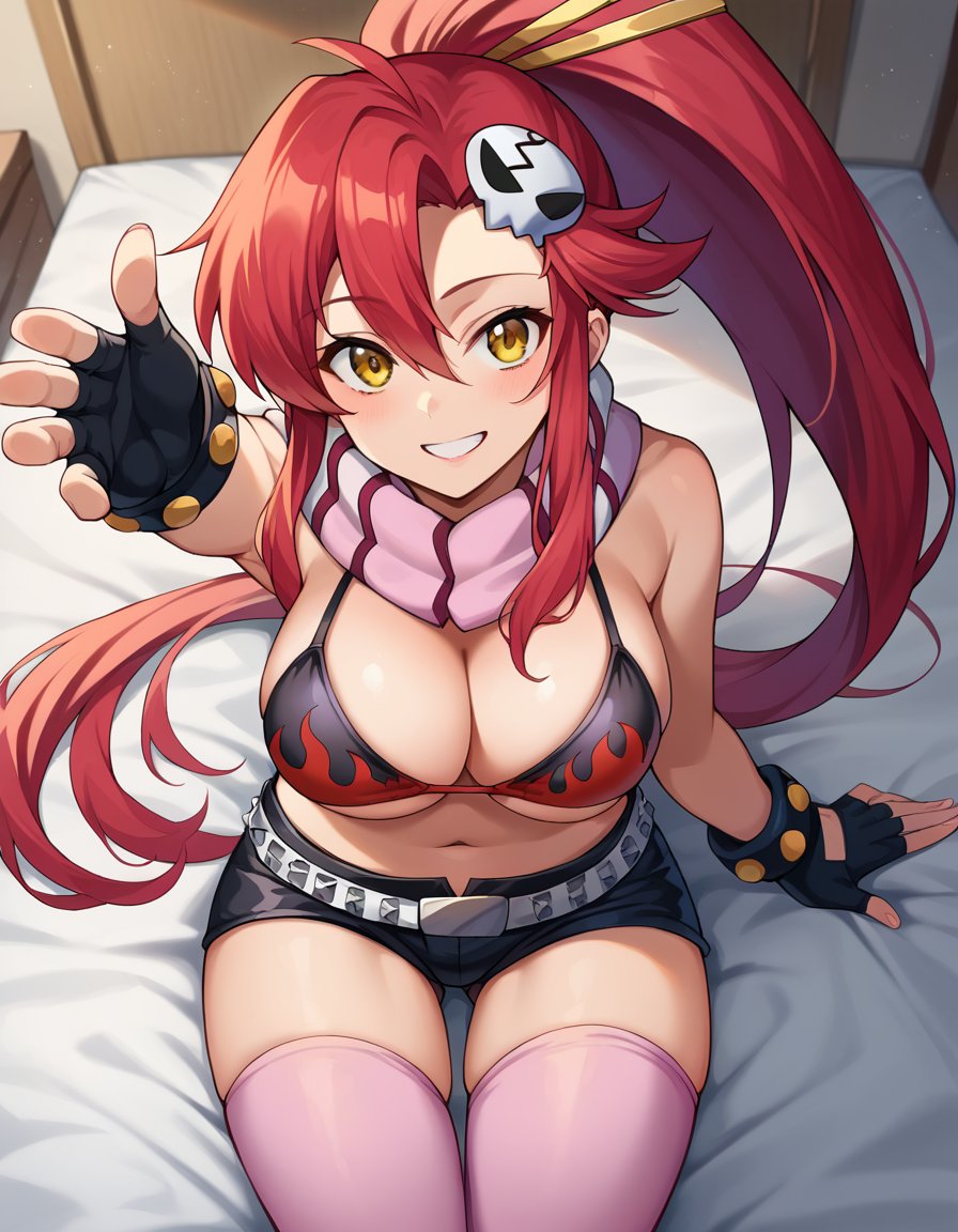 score_9, score_8_up, score_7_up, source_anime,yokolittner, <lora:yoko-littner-ponyxl-lora-nochekaiser:1>,yoko littner, hair between eyes, hair ornament, high ponytail, long hair, red hair, sidelocks, skull hair ornament, yellow eyes, mature female, smile,arm support, bare shoulders, belt, bikini, bikini top only, black gloves, black shorts, cleavage, fingerless gloves, flame print, gloves, navel, no shirt, pink thighhighs, scarf, short shorts, shorts, striped, striped scarf, studded belt, swimsuit, thighhighs, underboob, white footwear, wrist cuffs,indoors, bed, bed room, on back, arm support, arms up, incoming hug, pov, reaching, reaching towards viewer,looking at viewer, cowboy shot, dutch angle,