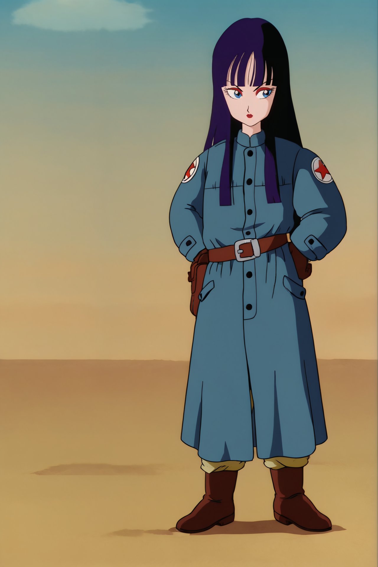 source_anime, score_9, score_8_up, score_7_up, anime screencap,8k, absurd res,mai \(dragon ball\), makeup, lipstick, solo, long hair, bangs, blue eyes, blue sky, black hair, gloves, desert, standing, full body, purple hair, boots, belt, coat, military, military uniform, tan pants, brown footwear, hands on hips, pouch, print sleeves, symbol, star symbol, looking to the side <lora:maiDB_pony_v1:0.8>