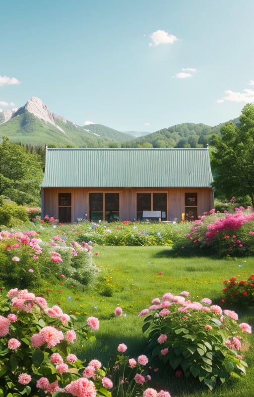 zhantai,high definition,normal contrast,e-commerce booth,wooden booth,big plant leaves,high-end color,slightly dim light,plants and flowers surround the stand,in a meadow,pink and red flowers,natural scenery,mountain,mountain,green plant,flowers,light blue sky,<lora:dianshangzhantai:0.7>,