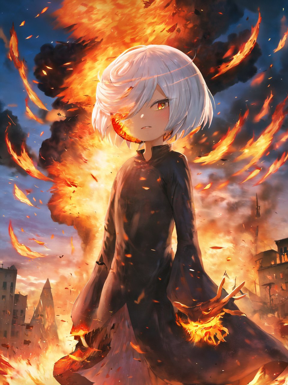 1girl, sageai, (portrait:1.3), standing, long sleeves, white hair, destruction, fire <lora:SageAI-XL:1>