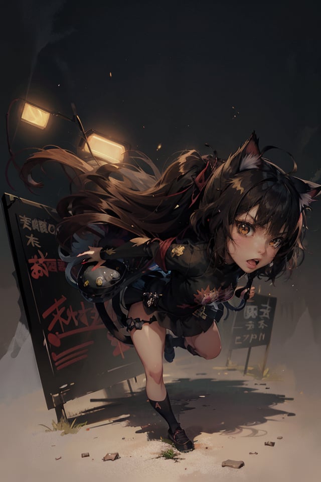 (anime), (illustration), cartoon, detailed, masterpiece, best quality, 1girl, angry, cat ears, holding sign, ((404)), chibi emote, light, color, texture, beauty, wonder, full body, ((Rim Light))