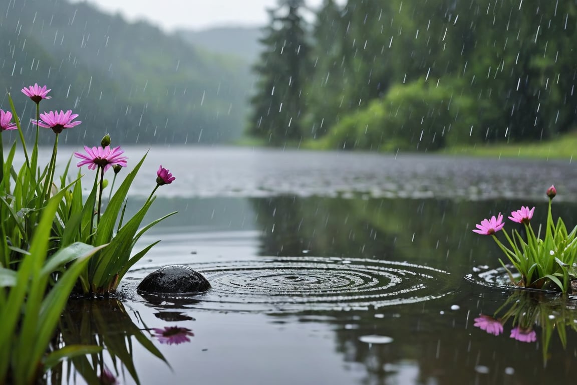 Heavy rain falling so much that you can't see in a beautiful landscape of mountains,  lakes,  forests,  and flowers. thick raindrops.When raindrops fall on the surface of a lake,  waves of tiny concentric circles are created in each raindrop. It rains so much that water droplets fall on flowers and trees.Ultra-clear,  Ultra-detailed,  ultra-realistic,  full body shot,  very Distant view,<lora:EMS-74471-EMS:0.400000>,<lora:EMS-57135-EMS:0.400000>,<lora:EMS-24184-EMS:0.800000>