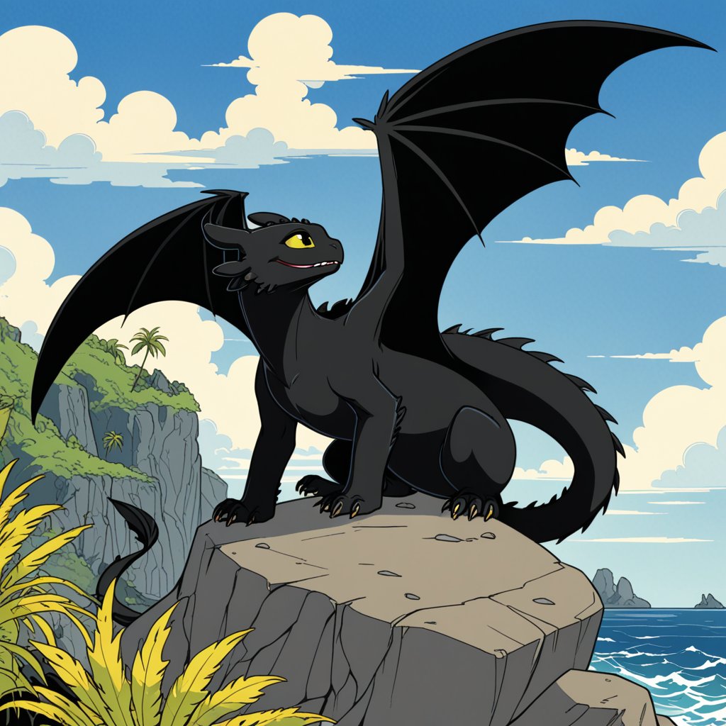 (by George barbier, by Glacierclear), feral (toothless:1.25), how to train your dragon, black body, yellow eyes, membranous wings, spread wings, side view, three-quarter portrait, sitting, rock, ocean, island, plant, cloud