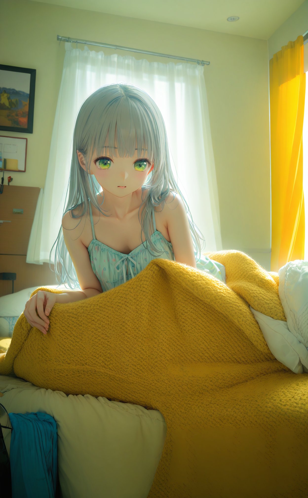 (masterpiece),(best quality),illustration,ultra detailed,hdr,Depth of field,(colorful),loli,1girl,clock,solo,alarm clock,under covers,green eyes,bed,long hair,pillow,indoors,sunlight,curtains,pajamas,grey hair,blanket,window,collarbone,bangs,