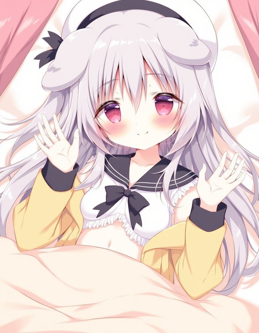 shiratama_(shiratamaco), commentary, highres, symbol-only_commentary, 1girl, animal_ears, bed_sheet, beret, black_bow, black_sailor_collar, blush, bow, breasts, closed_mouth, dakimakura_(medium), dog_ears, fringe_trim, grey_hair, groin, hair_between_eyes, hands_up, hat, jacket, long_hair, navel, nipples, off_shoulder, open_clothes, open_jacket, red_eyes, sailor_collar, scarf, shirt, small_breasts, smile, solo, very_long_hair, white_hat, white_shirt, yellow_jacket, shiroi_inu, original, year_2021,, <lora:flux-Shiratamaco-000006:1>