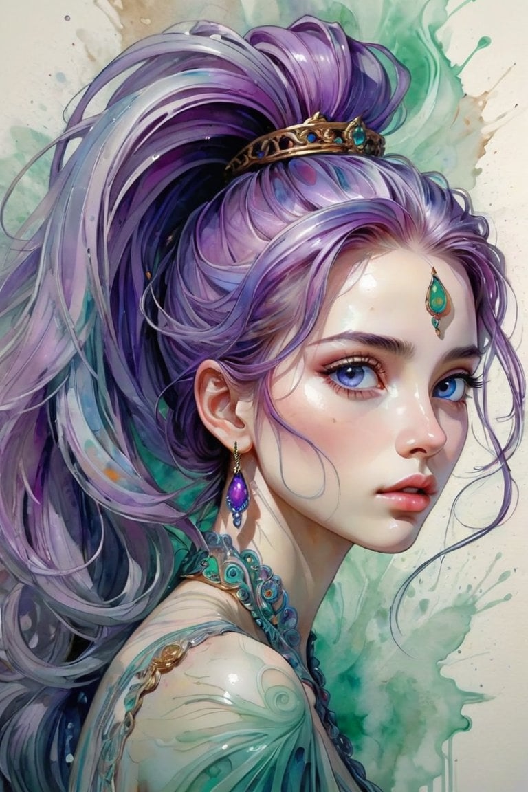 (masterpiece), 8k, very wide shot, volumetrics dtx, portrait, beautiful eyes, (dreadlocks:0.5) in a ponytail, (Violet head:1), vibrant colors, highly detailed, watercolor sketch in artistic style, large strokes, finalized with ink, fine lines sparkling, elegant and unique, gently swaying, mysterious and charming, realistic and abstract art, details, very realistic, beautiful and vital, dreamlike and surreal, delicate brush strokes and rich colors, beauty and mystery, unimaginable beauty,Ornate And Intricate, transparent, translucent, Agate material, jade material, BY Anne Bachelier