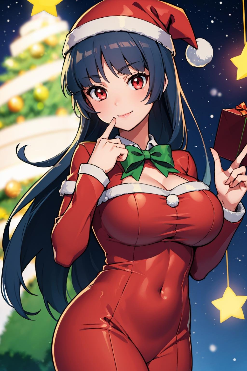 masterpiece, best quality, <lora:sabrina-nvwls-v1-000009:0.9> frlgsabrina, blunt bangs, very long hair, santa hat, santa costume, fur trim, looking at viewer, smile, large breasts, christmas tree, night sky, red eyes