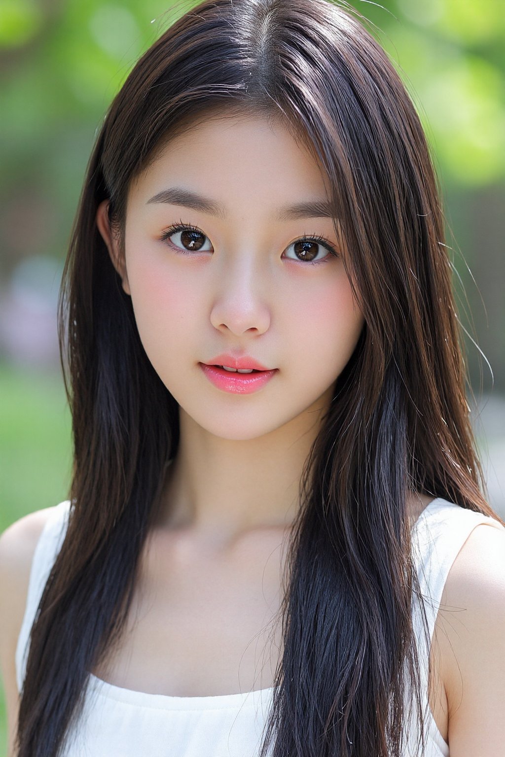 This is a high-resolution photograph of a young Asian woman with a fair complexion and long,  straight,  dark brown hair t...