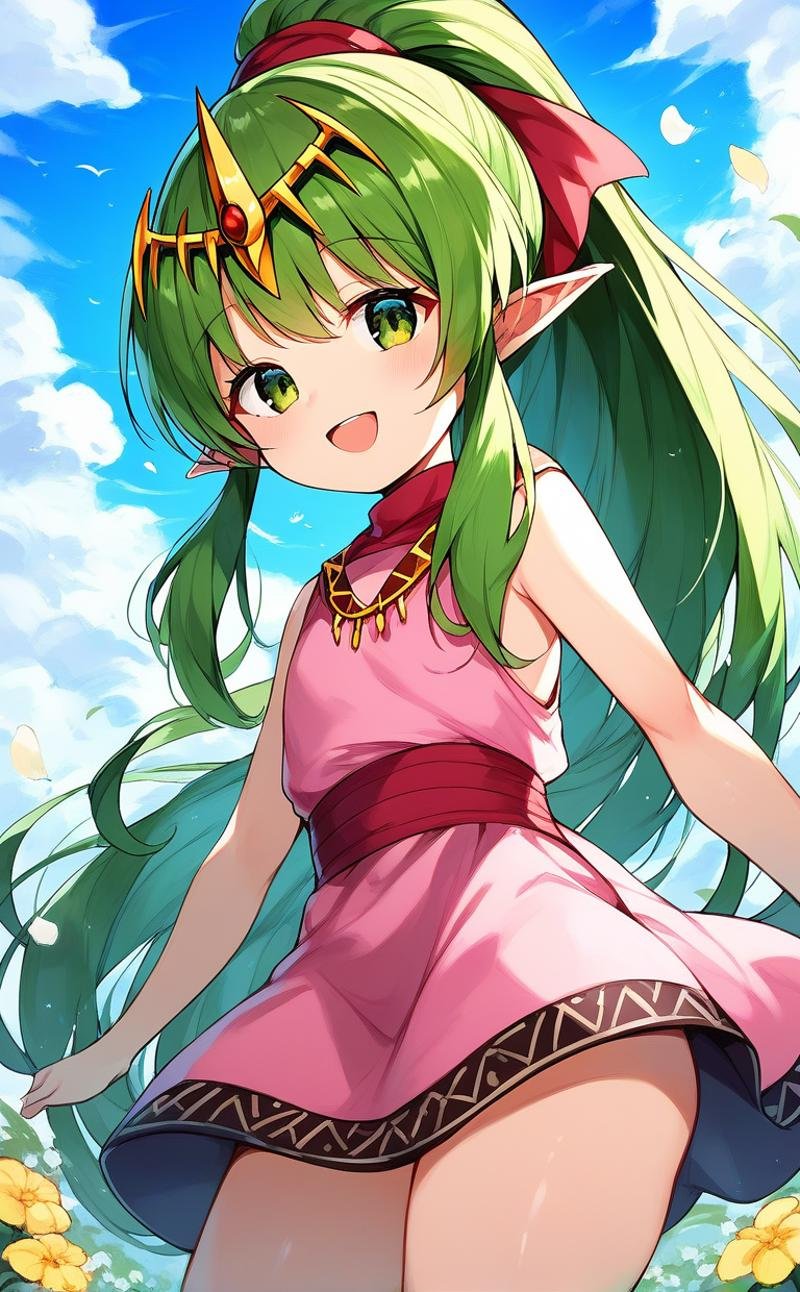 score_9, score_8_up, score_7_up, source_anime, rating_explicit, BREAK  <lora:Tiki_FE_XL:1> Tiki, pointy ears, long hair, green hair, ponytail, tiara, green eyes, flat chest, hair ribbon, very long hair, short stack,quilted skirtoutdoors, smile, sky, open mouth, dress, short dress, cloud, sleeveless, pink dress, looking at viewer, day, blue sky, sleeveless dress, flower,  thighs,　