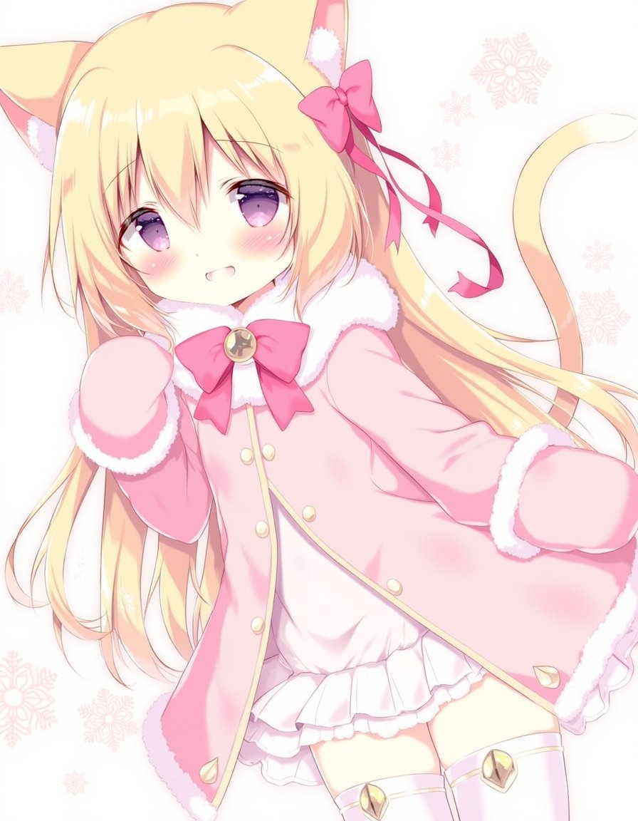 shiratama_(shiratamaco), commentary_request, 1girl, :d, animal_ear_fluff, animal_ears, blonde_hair, blush, bow, cat_ears, cat_girl, cat_tail, coat, fang, frilled_thighhighs, frills, fur-trimmed_sleeves, fur_trim, hair_between_eyes, hair_bow, long_hair, long_sleeves, looking_at_viewer, mittens, one_side_up, pink_bow, pink_coat, pink_mittens, purple_eyes, smile, snowflakes, solo, tail, thighhighs, transparent, very_long_hair, white_thighhighs, , original, year_2023,, <lora:flux-Shiratamaco-000008:1>