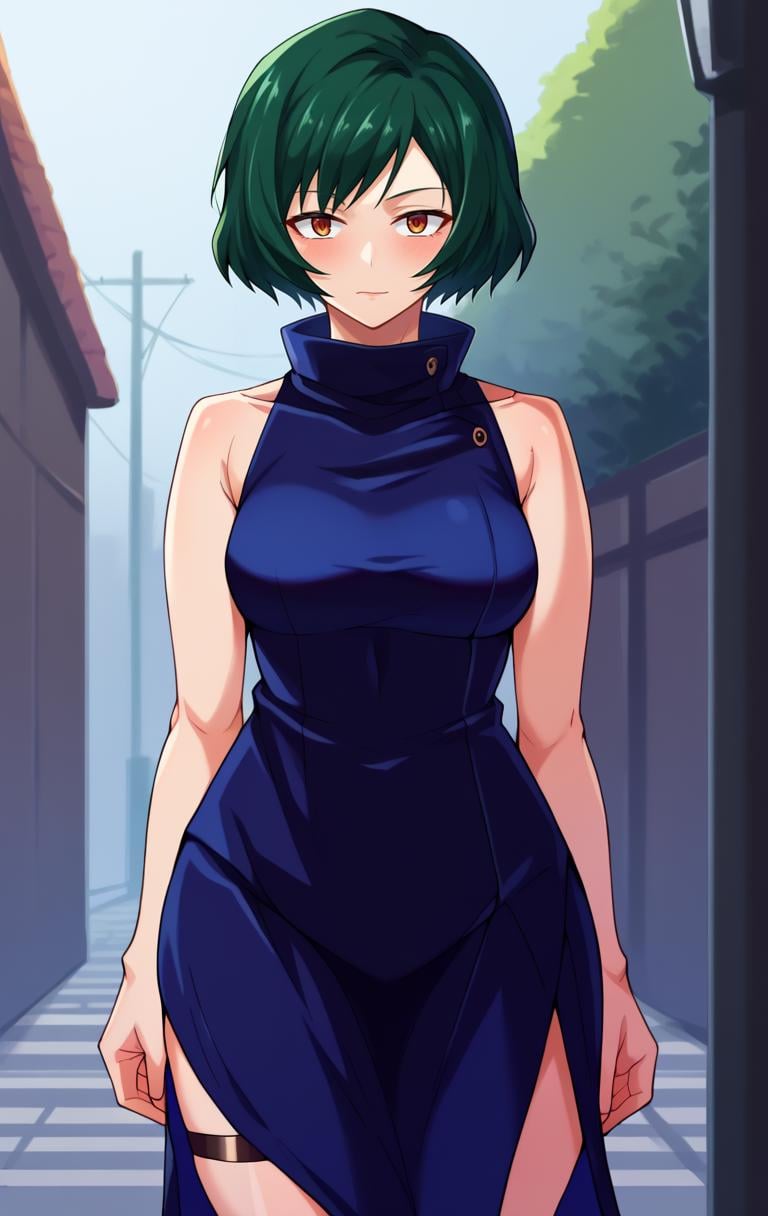 score_9,score_8_up,score_7_up BREAK <lora:Mai:1>,MaiZeninSDXL,MaiZeninSDXL,1girl,solo,short hair,green hair,brown eyes,black hair,dress,thighs strap,bare shoulders,sleeveless,high collar,sleeveless dress,cowboy shot,street background.,