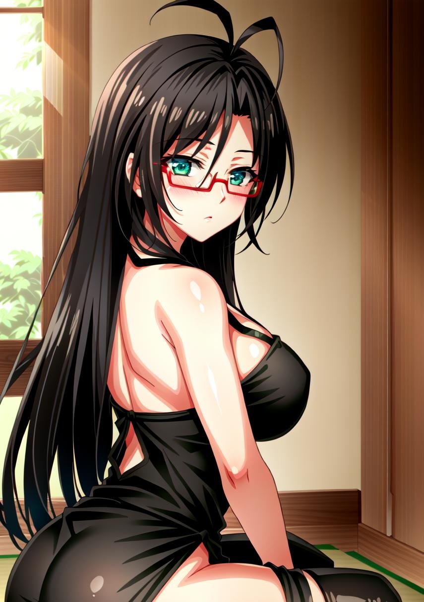 <lora:OGT_Chisato_Hasegawa-v3:0.7>  Chisato Hasegawa, 1girl, solo, red frame glasses, Black hair, long hair, antenna hair, breasts, shirt, large breasts, Beautiful Green eyes, looking back at viewer, facing away, reverse straddle, ass, cleavage, Beautiful Detailed Eyes, (((halter top dress, Black Leggings, Knee High Boots,))) suducing stare, upper body, in a room, blush, innocent look, ((Extremely Detailed)), ((Best Quality)), ((Masterpiece)), ((4k)),