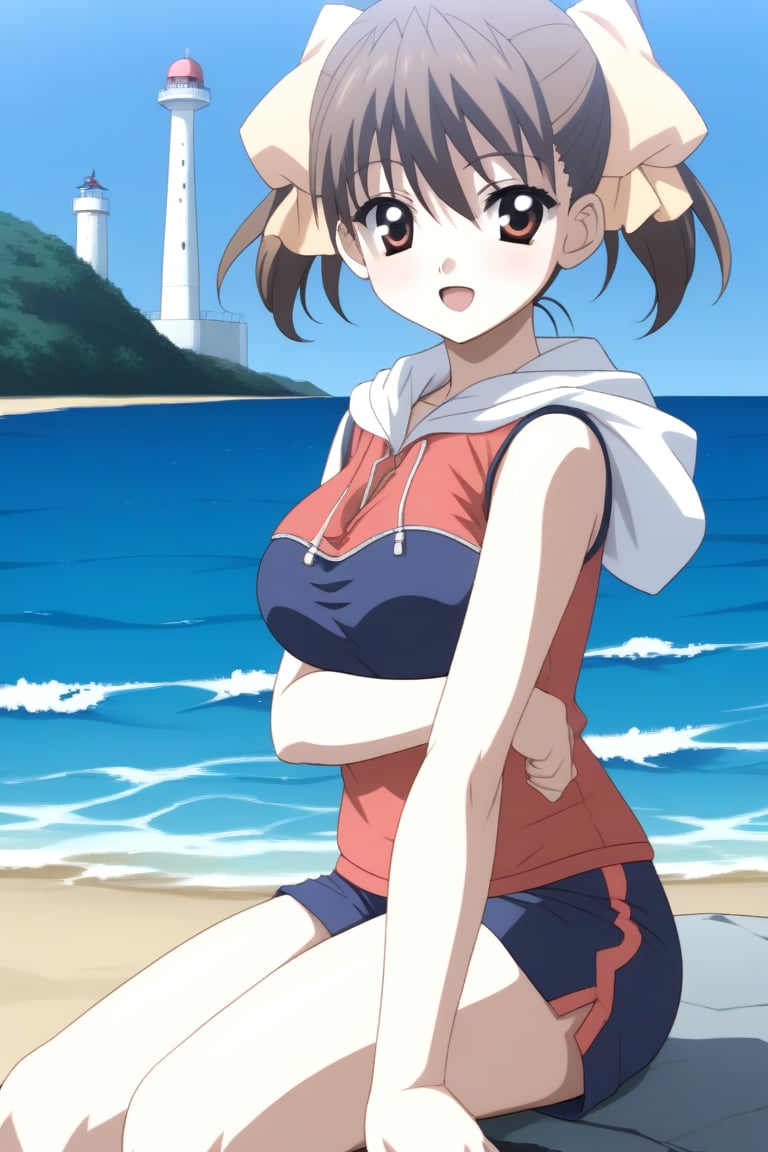 HD, 8k, highres, mantialiasing, Highly detailed, High Quality, masterpiece, beautiful, source_anime, BREAK sea lighthouse, stones near the coast,BREAK 1girl, solo, (feminine focus, young woman, 16 years old), Karen Katou, short hair, brown hair, brown eyes, ribbon, twintails, hair ribbon,BREAK hood, hoodie, sleeveless, short sneakers,BREAK looking_at_viewer, sitting, arms crossed, open_mouth, Focus breasts<lora:EMS-454882-EMS:1.000000>