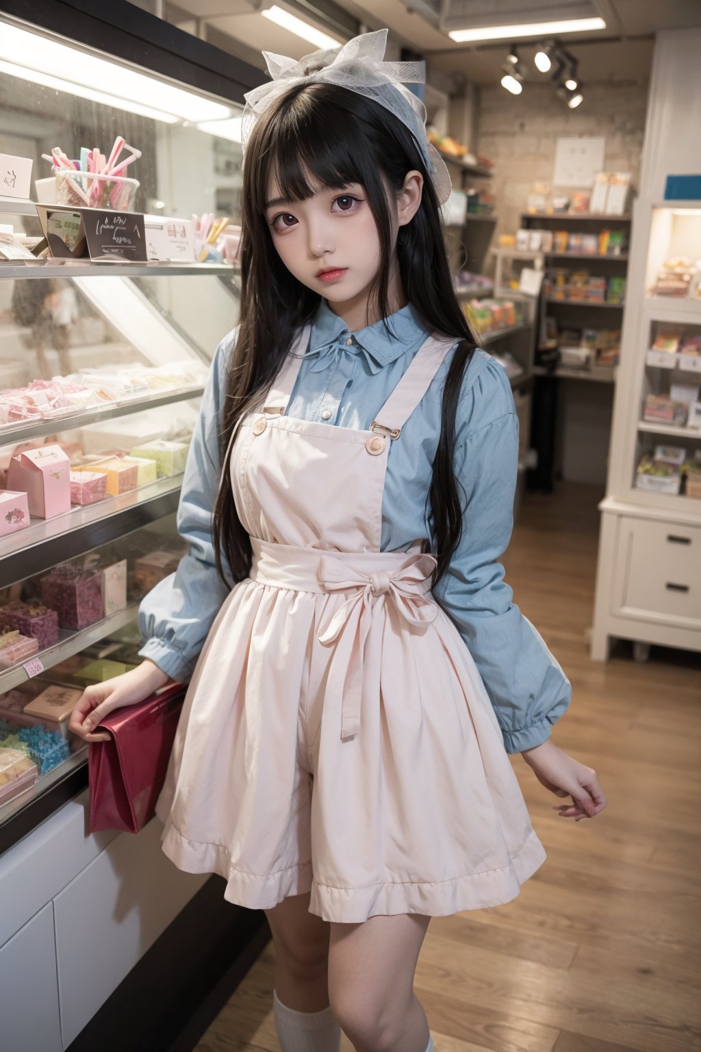 Cute young Japanese girl with long hair in a candy shop,shy,pastel color palette,anime style,detailed eyes,sweet and innocent expression,colorful array of candies,detailed clothing with ribbons and frills,high-quality,anime,pastel colors,sweet and innocent,detailed eyes,candy shop setting,monry in hand,shy demeanor,adorable,atmospheric lighting,wide view,full body shot,, cos,