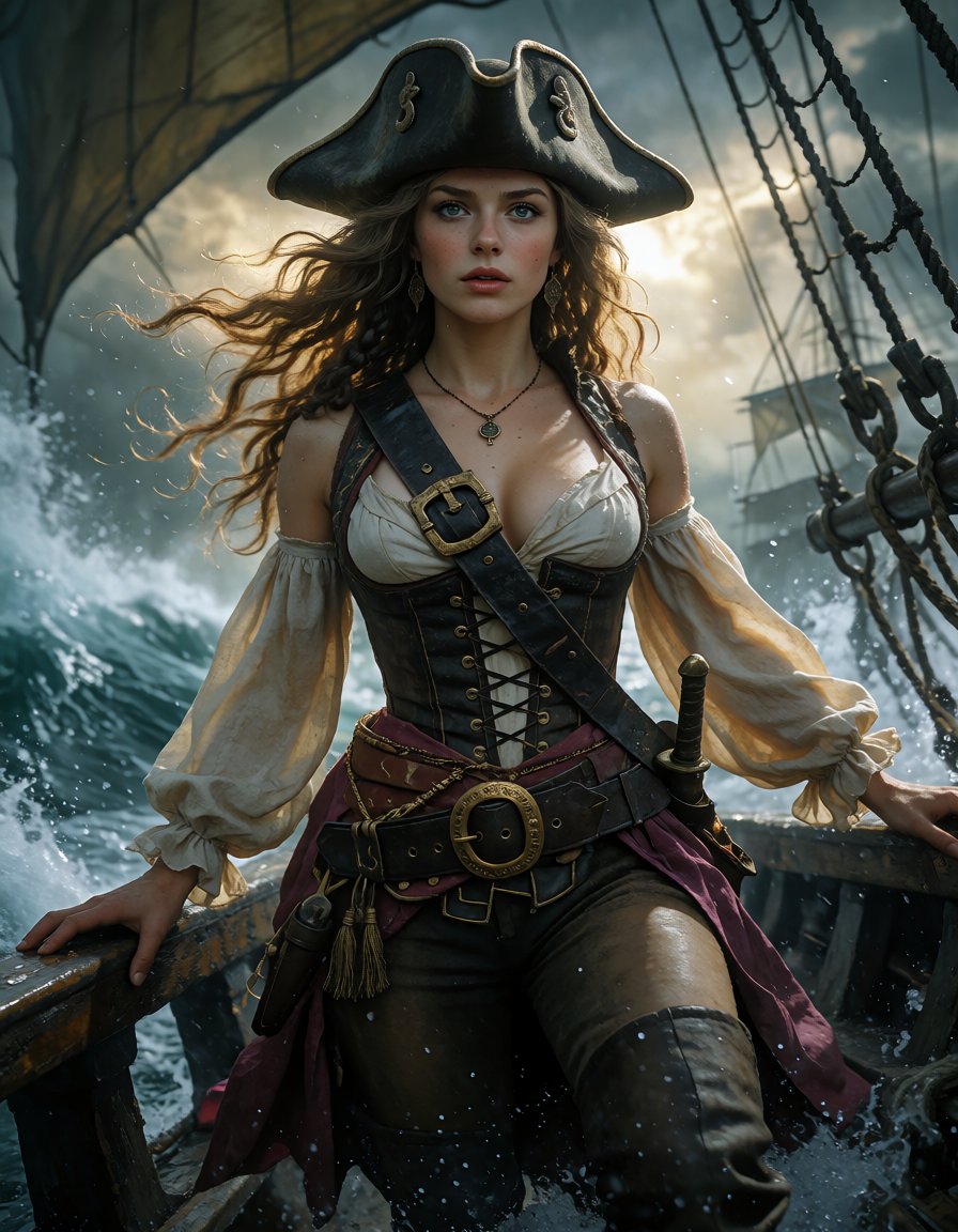 masterpiece,  female pirate captain aboard a storm-tossed ship,  ocean waves crashing by Electric Dreams on Tensor.Art