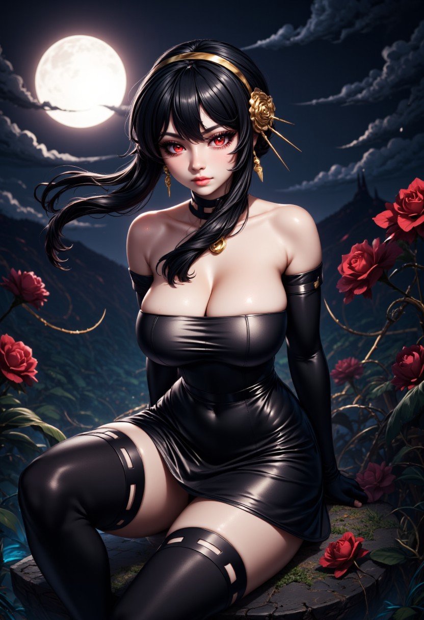 zzYor, yor briar, 1girl, solo, long hair, breasts, looking at viewer, large breasts, black hair, hair ornament, red eyes, thighhighs, gloves, dress, cleavage, bare shoulders, jewelry, sitting, flower, sidelocks, thighs, hairband, earrings, outdoors, parted lips, sky, choker, black gloves, black thighhighs, moonlit night, dark sky, eerie fog, glowing moon, haunting allure, dim light, shadowy surroundings, mysterious atmosphere, roses, glowing red eyes, wind-blown hair, dark clouds, gothic elegance, zettai ryouiki, night garden, eerie flowers, soft shadows, moonlight reflecting off skin, black dress, surrounded by thorns, red lips, whisper of wind