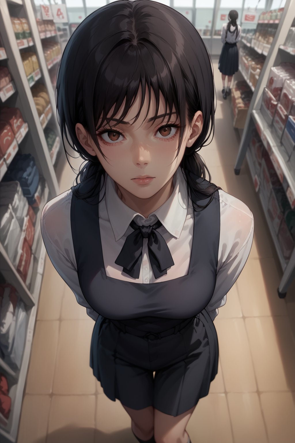 score_9, score_8_up, score_7_up, 1girl, solo, aged_up, looking at viewer,<lora:Yoru_Chainsaw-Man_Pony-000008:1>, asa_mitaka, brown eyes, black hair, black ribbon, black pinafore dress, from above, standing in a store, depth of field, fisheye lens, arms behind back