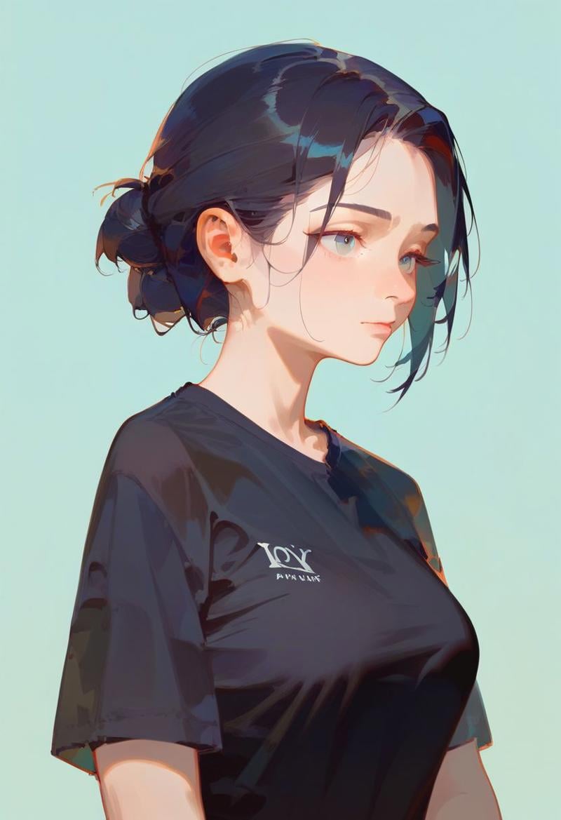 score_9, score_8_up,score_7_up,1girl, solo, black hair, low bun, black shirt, upper body,