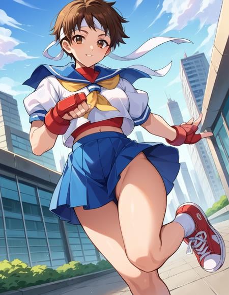 score_9, score_8_up, score_7_up, source_anime,sakurakasugano, <lora:sakura-kasugano-ponyxl-lora-nochekaiser:1>,sakura kasugano, brown eyes, brown hair, short hair, mature female,ankle socks, blue skirt, crop top, headband, midriff, miniskirt, navel, sailor collar, school uniform, shoes, short sleeves, skirt, sneakers, socks, stomach, shirt, white shirt, white headband, gloves, red gloves,outdoors, cityscape,looking at viewer, dutch angle, cowboy shot,