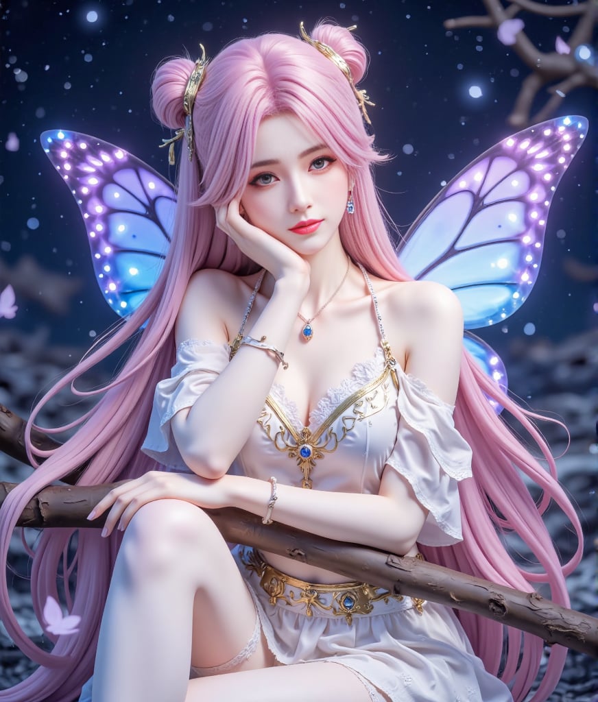 A beautiful girl with long pink hair and double ponytail,  spiral behind her hair,  blue gem decoration between her forehe...