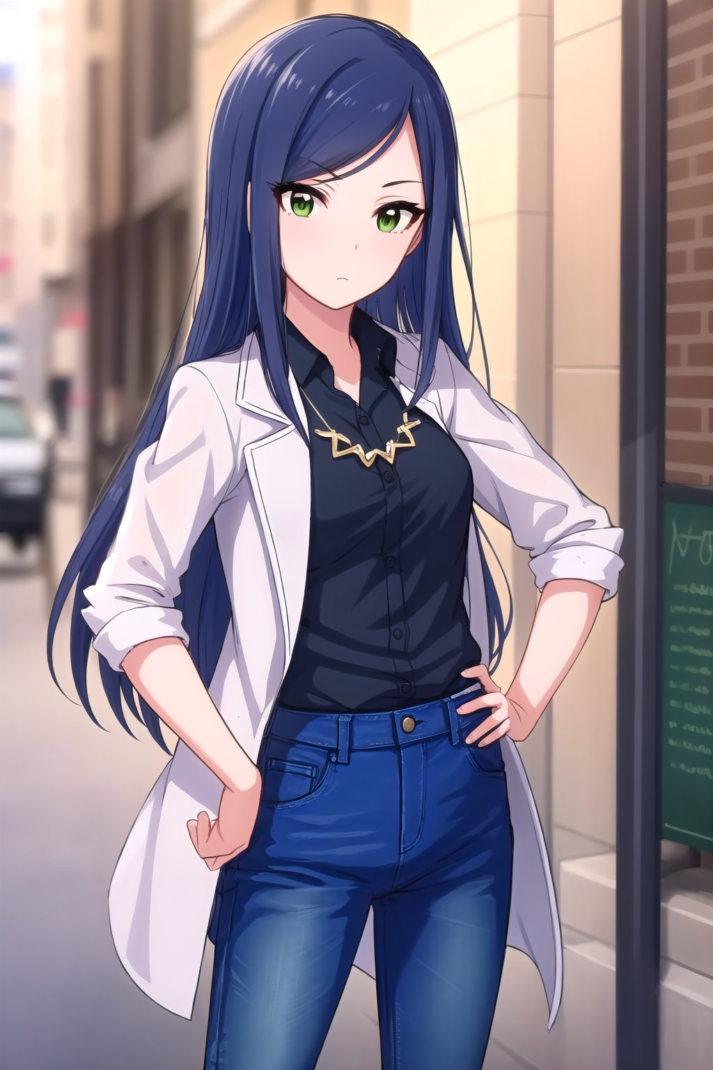 (masterpiece, best quality), highly detailed background, perfect lightingbest quality, juneyIMAS, solo, outdoors, city, dark blue hair, swept bangs, parted bangs, long hair, green eyes, medium breasts, necklace, jewelry, white jacket, open jacket, black shirt, collared shirt, sleeves rolled up, hands on hips, blue pants, jeans, closed mouth, <lora:Juney-IM@S-(Beta)-05:0.7>