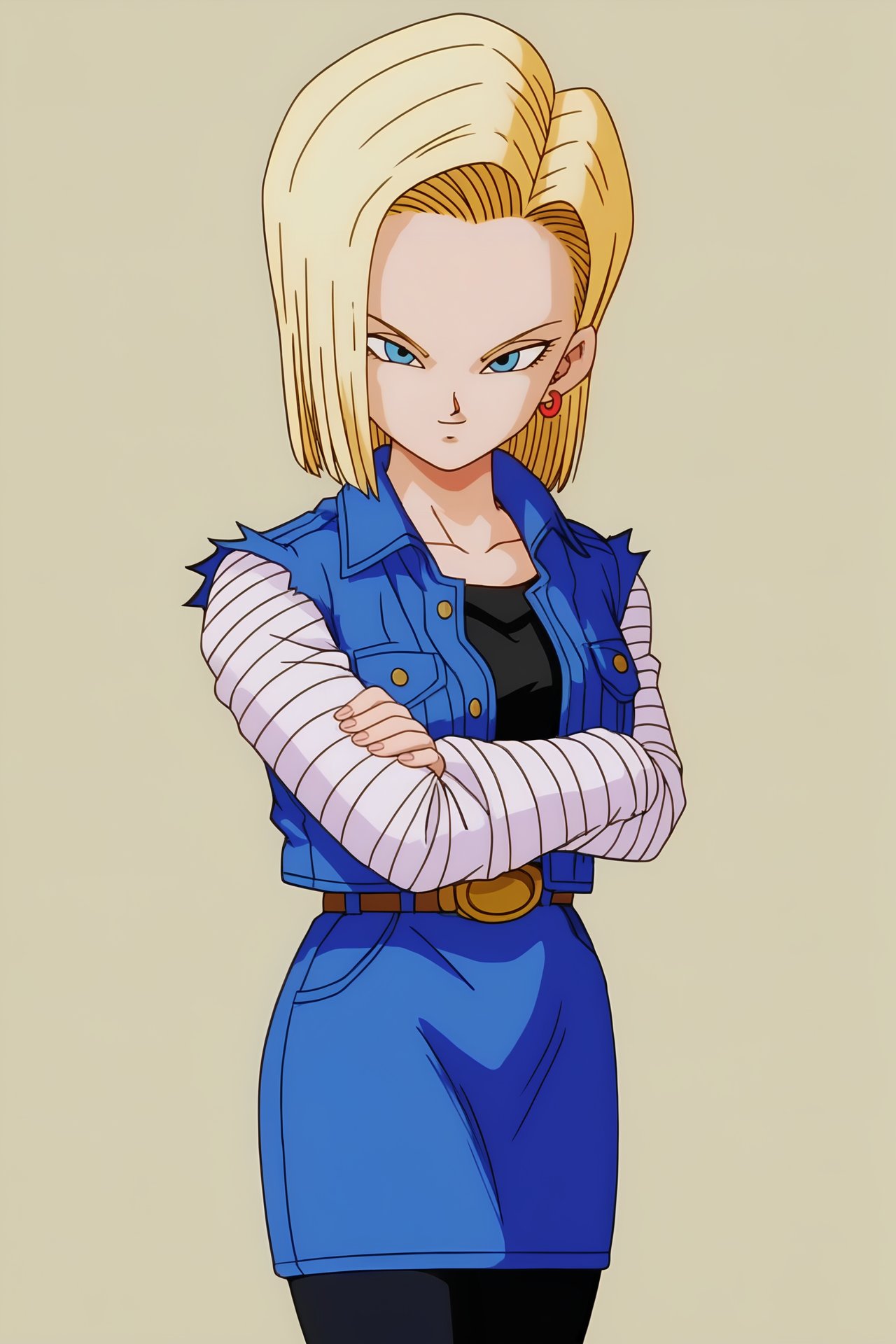 source_anime, score_9, score_8_up, score_7_up, anime screencap, high quality, android 18, android saga, 1990s \(style\), anime coloring, retro artstyle, 1girl, solo, looking at viewer, smile, short hair, blue eyes, blue skirt, blonde hair, black shirt, belt, open jacket, pantyhose, earrings, black legwear, crossed arms, denim, denim skirt, denim jacket, collared jacket, sleeveless jacket, collarbone, cowboy shot, evil smile, eyelashes, gold earrings, fingernails, long sleeves, striped sleeves, v-shaped eyebrows, v-shaped eyes, white sleeves <lora:c18_pony:0.8>