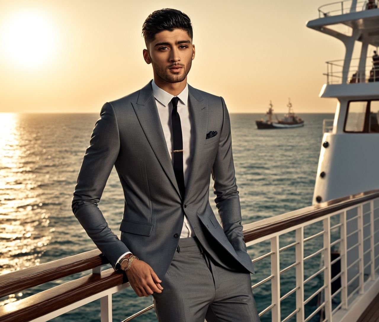 Zayn Malik a man ,  Nautical-themed of ,  in a grey suit standing on a balcony by HottiesnHotties on Tensor.Art