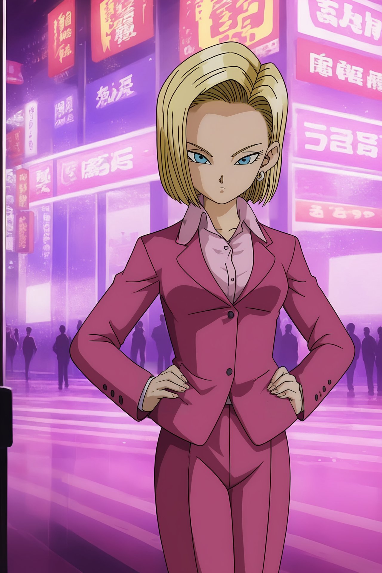 source_anime, score_9, score_8_up, score_7_up, anime screencap, high quality, android 18, official style, 1girl, solo, looking at viewer, short hair, blue eyes, blonde hair, collared shirt, pink shirt, pink jacket, pink pants, silver earring, pants, formal, suit, hands on hips, pink suit, collarbone, cowboy shot, city, v-shaped eyebrows, v-shaped eyes, eyelashes, fingernails<lora:c18_pony:0.8>