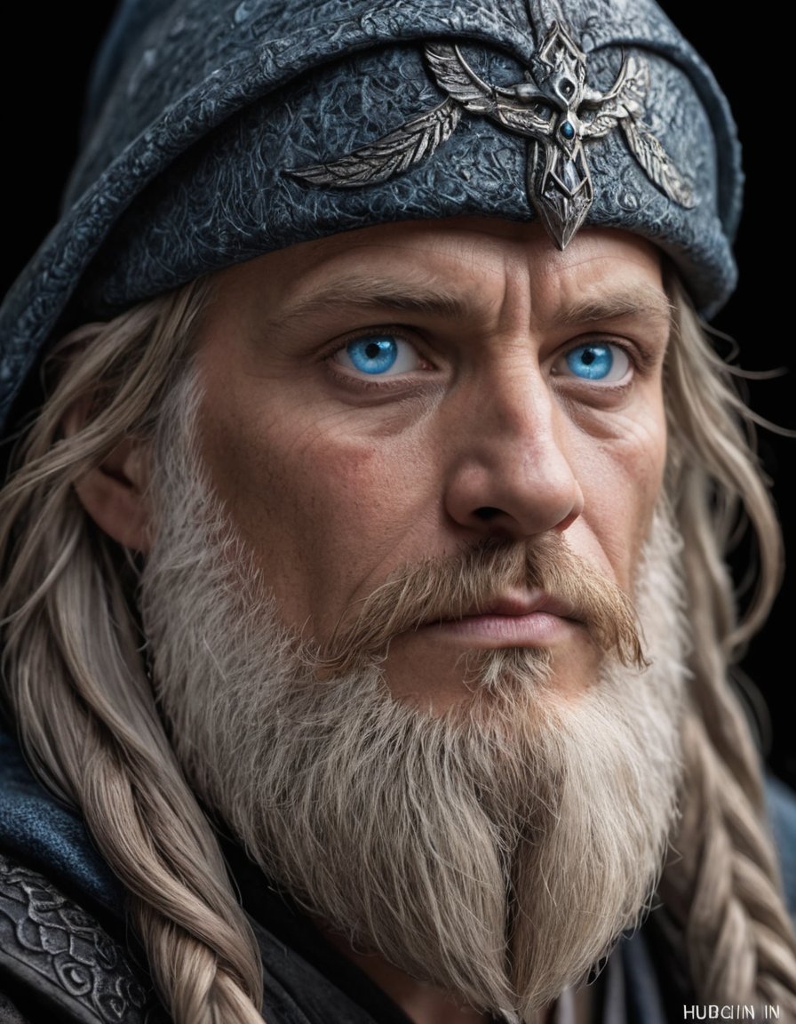 close-up portrait. Intricately detailed, the portrait will capture his piercing blue eyes, symbolizing wisdom and insight. His long beard, flowing down to his chest, represents age and experience. His furrowed brow signifies deep thought and contemplation. Hugin and Munin, perched upon his shoulders, high quality photography, 3 point lighting, flash with softbox, 4k, Canon EOS R3, hdr, smooth, sharp focus, high resolution, award winning photo, 80mm, f2.8, bokeh