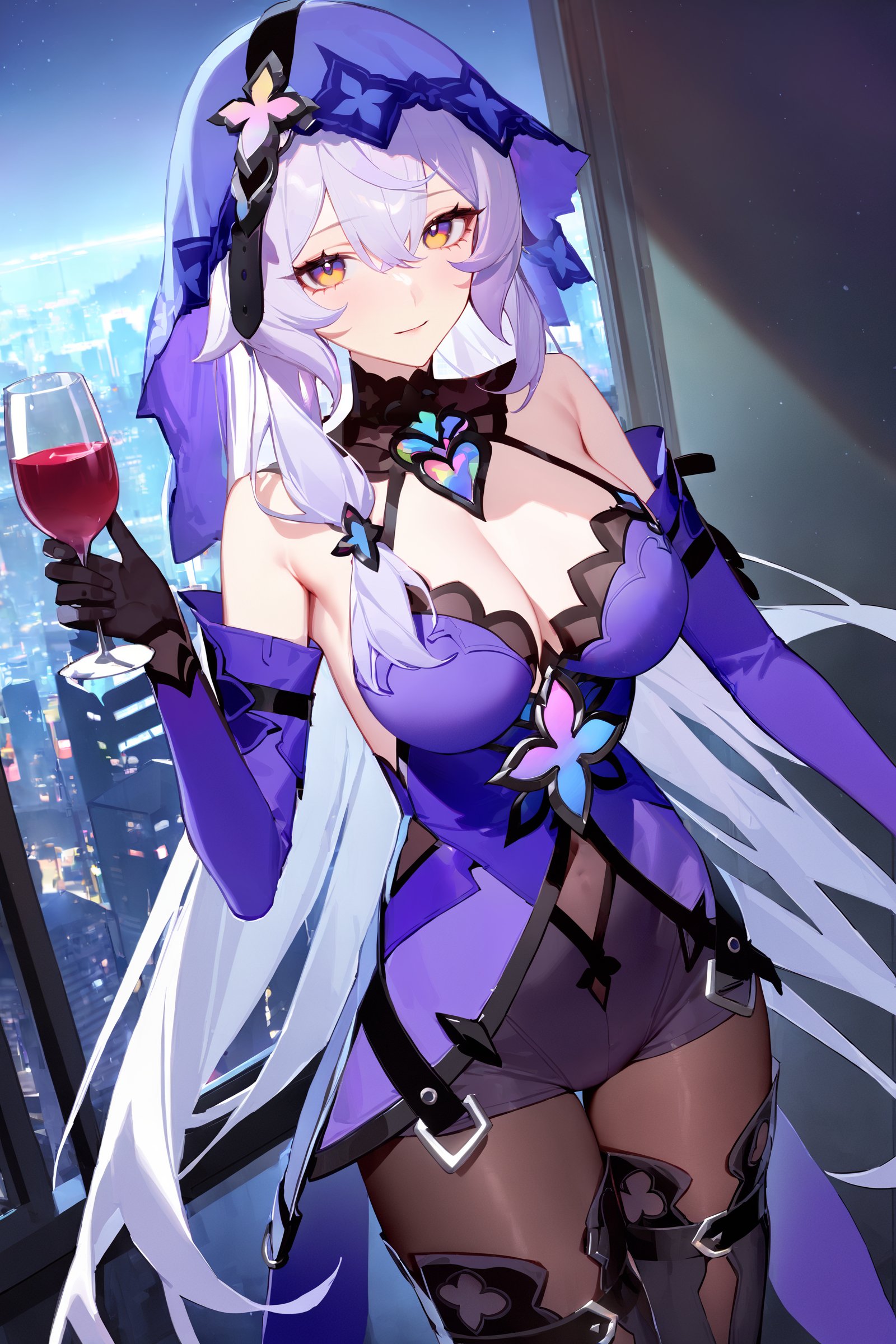 masterpiece, best quality, very aesthetic, ray tracing, newest,(hitenkei, askzy:0.5), 1girl, black swan \(honkai: star rail\), solo, black gloves, veil, thigh boots, detached sleeves, purple halter dress, (pantyhose), short shorts, detached collar, light smile, looking at viewer, cowboy shot, floor-to-ceiling window, cityscape, starry sky, holding wine glass, ecstasy, gasping  <lora:quality1:0:hr=1>,  <lora:Char-HonkaiSR-BlackSwan-XL-V1:1>