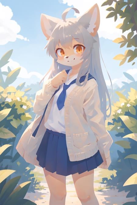 1girl, solo,    white fur, ahoge, looking at viewer, school uniform,  orange eyes, grey hair, long hair, cardigan, blue sky, plants, standing, smile, (best quality, masterpiece, illustration, ultra-detailed:1.3), (anthro, furry, kemono:1.3)