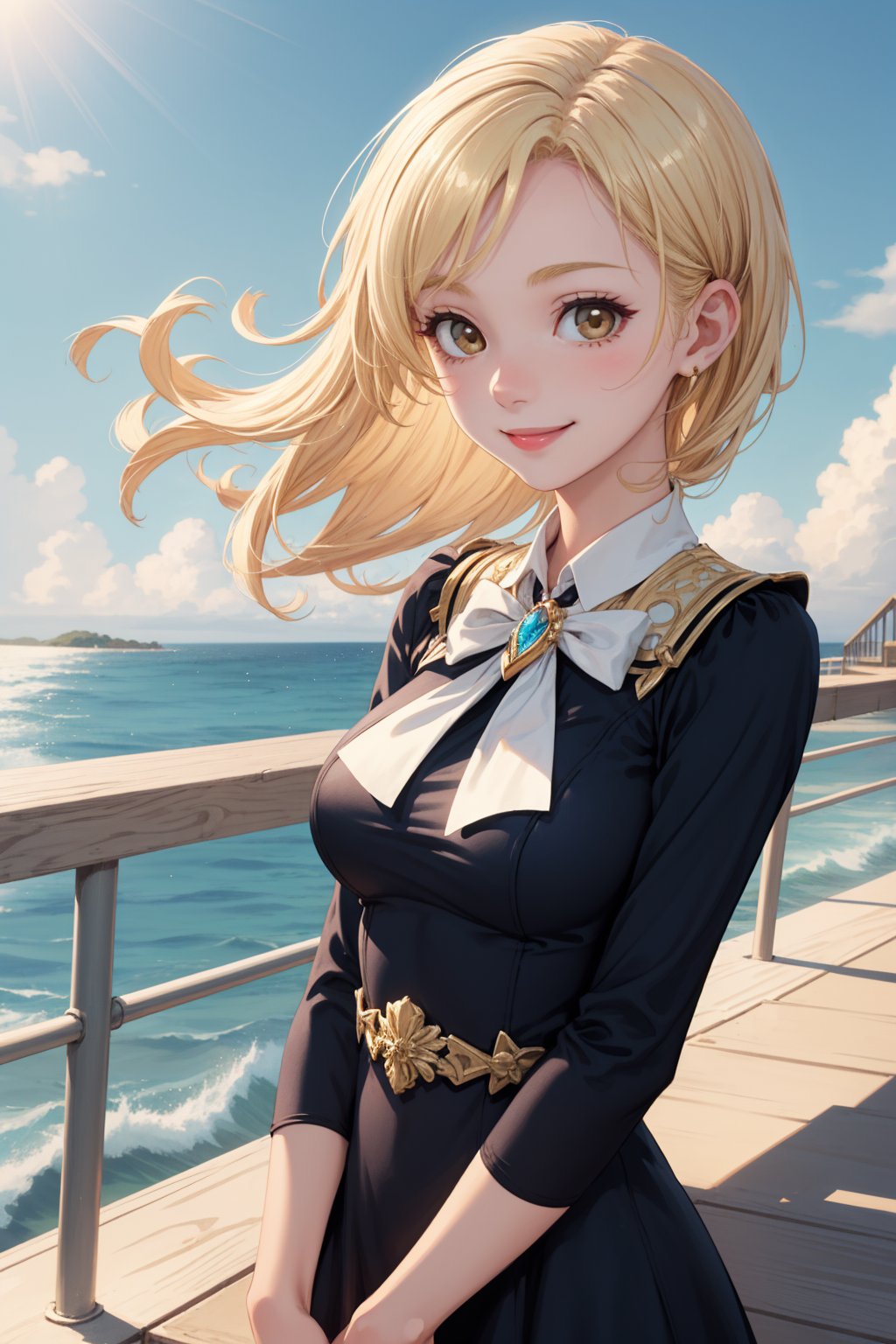 masterpiece, best quality, 1girl, close up, medium blonde hair, large breasts, hazel eyes, long blue dress, white bow, gold brooch, ocean in background, boardwalk, railing, smile, gentle breeze