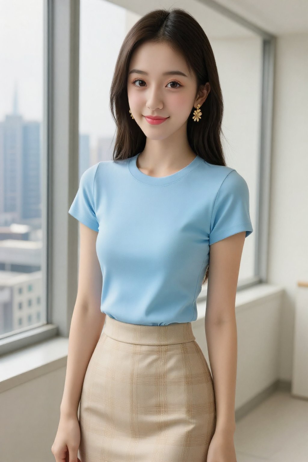 纤细,  胸部适中。她身穿一件浅蓝色修身短袖T恤,  凸显身材曲线 by 天TIN on Tensor.Art