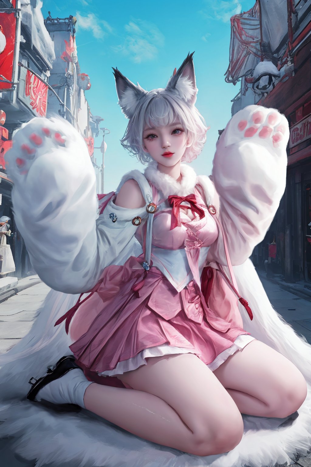 future008,Fox ears,Fox tail,White skirt,Fur trim,Korean clothing,Paw gloves,Paw shoes,Pink skirt,<lora:future0511-shenmiao:0.8>,city,wariza,