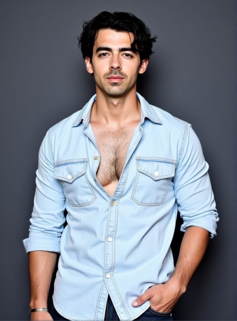 Joe Jonas ,  stands confidently in front of a dark gray wall. He wears a light denim shirt,  unbuttoned at the top by Hott...