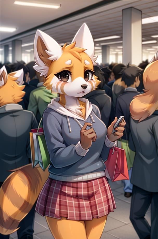 1girl, RetsukoCzar, (two-toned fur, orange fur, black eyes, whiskers, animal ears, racoon tail, striped tail, snout), (skirt, sweater, purse, shopping bags), (interior, shopping center, signs, sale signs, clothing, crowd, crowded, mannequin), (masterpiece:1.2), hires, ultra-high resolution, 8K, high quality, (sharp focus:1.2), clean, crisp, cinematic, <lora:Retsuko-20:1>