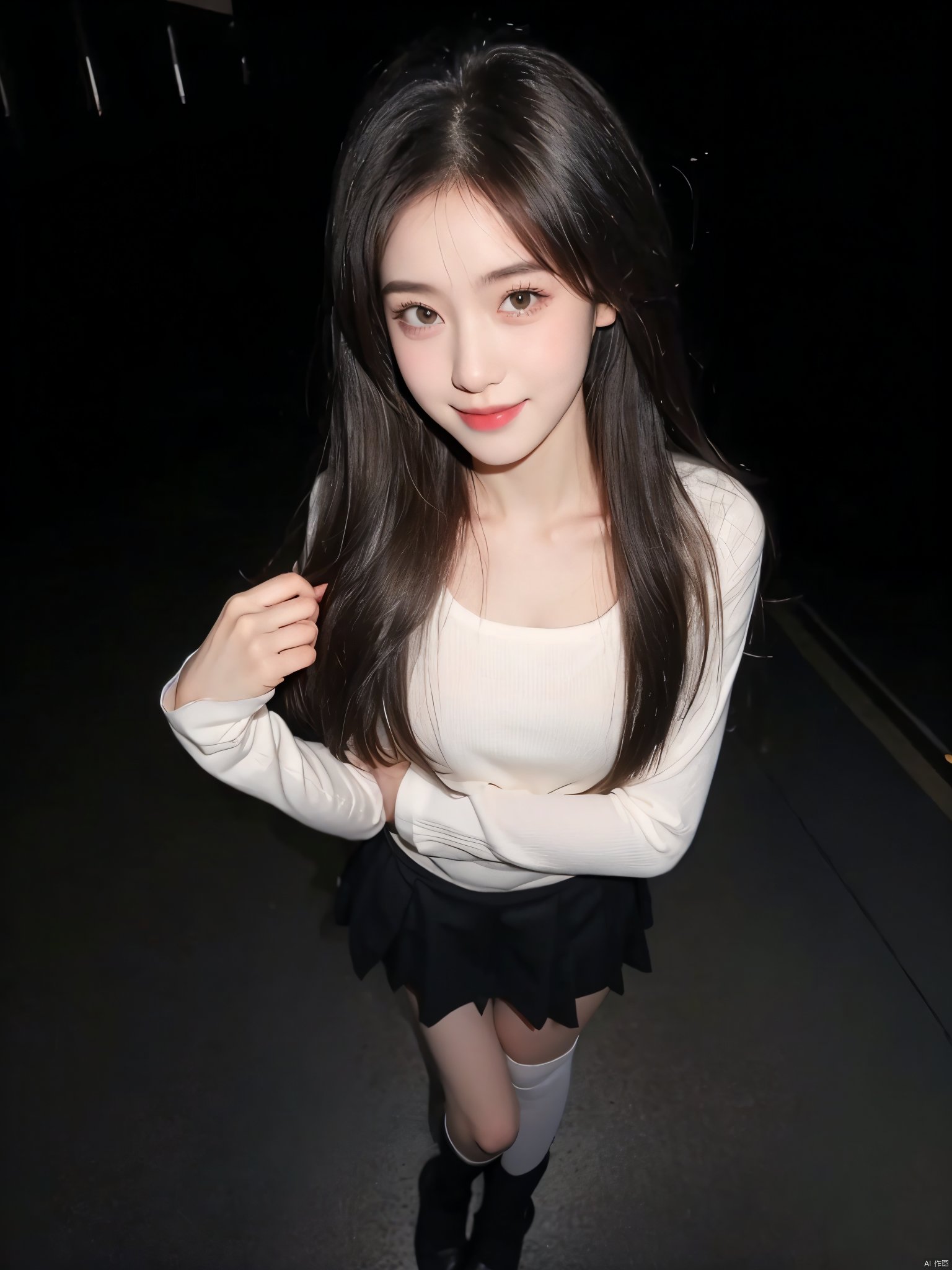 1girl, solo, long hair, looking at viewer, smile, skirt, shirt, black hair, sitting, school uniform, white shirt, short sleeves, socks, black eyes, head tilt, plaid, kneehighs, cosplay, plaid skirt, ground vehicle, black socks, hand on own face, realistic, hand on own cheek<lora:EMS-15286-EMS:0.800000>, <lora:EMS-14530-EMS:1.000000>