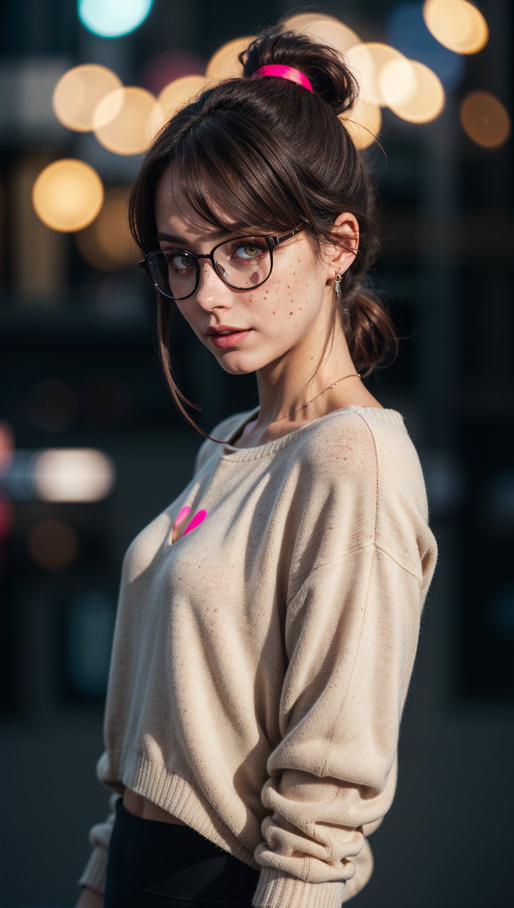 woman,wearing glasses,lights bokeh background,multi-color hair ponytail,swept bangs,white sweater,red undershirt,black yoga pants,elegant,beautiful,freckles,realistic,heterochromia,beautiful red eyes,up close,dark shadows,night background,neon hearts lights dark,chiaroscuro,low-key,