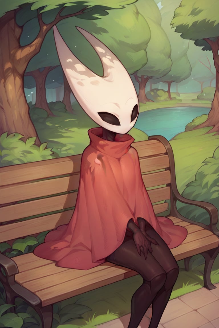 1girl, hornet_hk, red cloak, sitting on bench, park,<lora:Hornet Hollow Knight Pony XL:0.9>  <lora:AsuraLycoXL:0.8>, score_9, score_8_up, score_7_up,