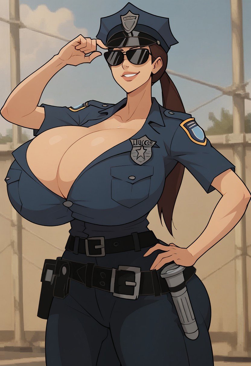 Score_9_up, score_8_up, score_7_up, BREAK, 1girl, solo, ofjuggsmnf, brown hair, ponytail, sunglasses, police uniform, huge breasts, cleavage, belt, hands on hip, cowboy shot, smile, police station