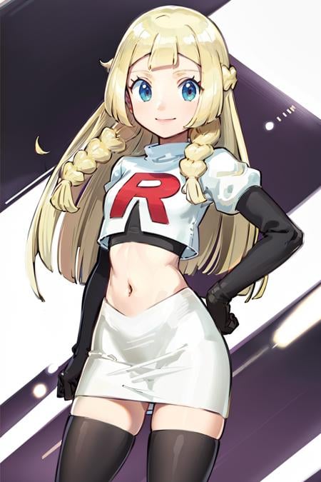 <lora:Cosplay_TeamRocket_v2:0.8>, ((masterpiece,best quality)), Cosplay_TeamRocket, white jacket, cropped jacket, white skirt, elbow gloves, black thighhighs, zettai ryouiki, aalillie, long hair, braid, <lora:lillie_(pokemon)_v1:0.7>, smile, cowboy shot