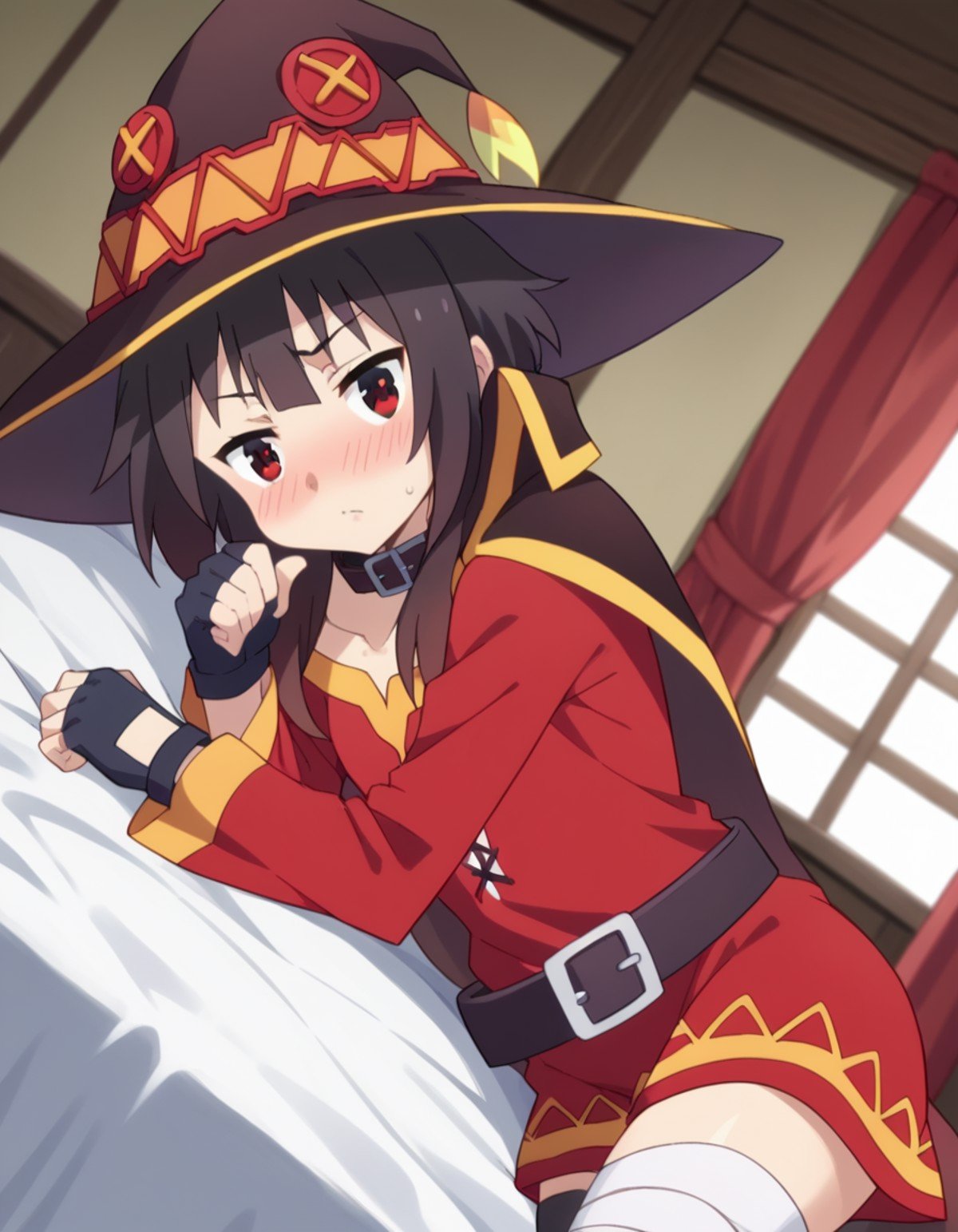 score_9, score_8_up, score_7_up, source_anime,konosubamegumin, <lora:konosuba-megumin-s2-ponyxl-lora-nochekaiser:1>,megumin, short hair, black hair, red eyes, short hair with long locks,thighhighs, gloves, hat, dress, black gloves, belt, black thighhighs, fingerless gloves, cape, collar, witch hat, bandages, red dress, single thighhigh, asymmetrical legwear, bandaged leg,indoors, bed, bed room, on side, blush, drunk,looking at viewer, dutch angle, cowboy shot,